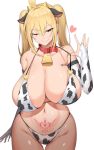  &gt;:) 1girl animal_ears animal_print barcode barcode_tattoo bell bikini blonde_hair branded breasts bridal_gauntlets cleavage collar collarbone cow_bell cow_ears cow_horns cow_print elbow_gloves gloves hanging_breasts heart highres horns huge_breasts kirome_(kamipaper) long_hair looking_at_viewer midriff navel one_eye_closed orange_eyes original saaya_(kirome) smile solo swimsuit tattoo thigh_gap twintails wide_hips wink womb_tattoo 