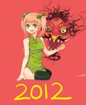  :d amputee blonde_hair blush chinese_clothes double_amputee dragon green_eyes ibarazaki_emi katawa_shoujo new_year no_nose open_mouth simple_background sitting smile solo thighhighs twintails 