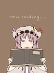  book brown_background crescent english hat hat_ribbon holding holding_book jitome kawashina_(momen_silicon) open_book patchouli_knowledge purple_eyes purple_hair ribbon simple_background solo touhou 