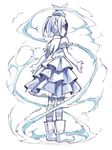  boots dress eyebrows hat looking_back monochrome monogatari_(series) nisemonogatari ononoki_yotsugi open_mouth pantyhose sakino_shingetsu short_hair sketch solo striped striped_legwear twintails 