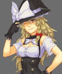  blonde_hair bow braid breasts cleavage fingerless_gloves gloves grey_background hair_bow hand_on_headwear hand_on_hip hat hat_bow kirisame_marisa long_hair medium_breasts one_eye_closed simple_background smile solo touhou upper_body white_bow witch_hat yellow_eyes yuuji_(and) 