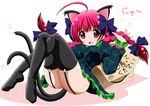  ahoge amazon_(company) animal_ears bad_id bad_pixiv_id black_legwear bow box braid cat_ears cat_tail extra_ears fang floral_print for_adoption garter_straps green_skirt hair_bow hand_in_hair highres imai_kazunari kaenbyou_rin long_hair lying multiple_tails nekomata on_back red_eyes red_hair skirt smile solo tail thighhighs thighs touhou translated twin_braids twintails zettai_ryouiki 