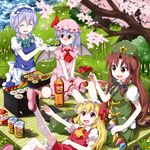  bat_wings blonde_hair blurry blush cherry_blossoms chopsticks closed_eyes depth_of_field feeding flandre_scarlet food food_on_face fork grass hat hong_meiling izayoi_sakuya maid makizushi multiple_girls obentou outdoors petals picnic red_eyes remilia_scarlet ruu_(tksymkw) sakura_mochi shoes_removed short_hair shrimp shrimp_tempura sitting sushi tempura touhou wagashi wings wrist_cuffs 