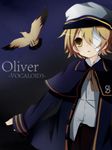  1boy bandage bandage_over_one_eye bird blonde_hair coat eyepatch hat highres male male_focus naokentak oliver_(vocaloid) open_mouth sailor_hat short_hair solo vocaloid yellow_eyes 