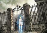  banned_artist blue_eyes building cloud cloudy_sky digital_dissolve dress fence gate green_hair hologram leaf mansion original overgrown plant seafh short_hair sky solo standing vines white_dress 