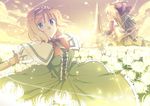  alice_margatroid blonde_hair bow capelet dress field flower flower_field goliath_doll green_dress green_eyes hair_bow hairband highres lance long_hair outstretched_arms polearm puppet_rings puppet_strings short_hair sitting sky solo spider_lily sunset torisuke_(koinohito) touhou weapon 