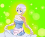  1girl bare_shoulders blue_eyes breasts dress fairy_tail gloves lisanna lisanna_strauss open_mouth short_hair white_hair 