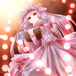  book bow character_name dress hair_bow hat highres holding holding_book kozakura_(dictionary) long_hair open_book patchouli_knowledge purple_eyes purple_hair solo striped striped_dress touhou vertical_stripes 
