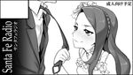  1girl bad_id bad_pixiv_id bare_shoulders black_border blush border braid circle_cut dress flower formal greyscale hair_flower hair_ornament idolmaster idolmaster_(classic) long_hair looking_up minase_iori monochrome necktie necktie_grab neckwear_grab producer_(idolmaster_anime) smile suit tkhs 