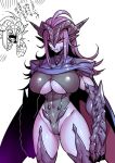  blush breasts cape claws cleavage cleavage_cutout clothed clothing fangs female hair horn humanoid japanese_text leotard long_hair not_furry open_mouth purple_hair red_sclera sharp_teeth slit_pupils solo spikes tears teeth text translation_request tsuki_wani under_boob yelling 