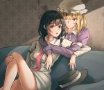  2girls ;) bangs bare_legs black_hair black_hat blonde_hair bow breasts brown_eyes center_frills commentary_request couch dress fedora feet_out_of_frame hair_between_eyes hair_bow hat hat_removed headwear_removed highres indoors joeychen juliet_sleeves knee_up long_sleeves looking_at_viewer maribel_hearn medium_breasts mob_cap multiple_girls necktie no_pants one_eye_closed open_mouth puffy_sleeves purple_dress purple_eyes red_neckwear shadow shirt short_hair sidelocks sitting smile thighs touhou upper_body usami_renko white_bow white_hat white_shirt wing_collar yuri 