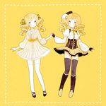  bad_id bad_pixiv_id beret blonde_hair boots corset dress drill_hair dual_persona fingerless_gloves gloves hair_ornament hat holding_hands magical_girl mahou_shoujo_madoka_magica multiple_girls pleated_skirt puffy_sleeves ribbon skirt smile tetto thighhighs tomoe_mami yellow_eyes 