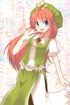  2012 :d blue_eyes bow braid finger_to_mouth hair_bow hat highres hong_meiling kozakura_(dictionary) long_hair open_mouth red_hair side_slit single_braid smile solo star touhou 