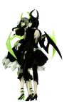  backless_outfit bare_back black_hair black_rock_shooter bridal_veil claws dead_master dress dual_persona full_body glasses green_eyes high_heels highres holding horns iguza multiple_girls ribbon shoes veil white_background wings 