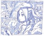  blue debris eyebrows hat monochrome monogatari_(series) nisemonogatari ononoki_yotsugi sakino_shingetsu short_eyebrows short_hair sketch smoke solo tree twintails 