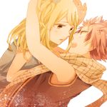  1boy 1girl bare_shoulders blonde_hair brown_eyes fairy_tail lucy_heartfilia miyake_achi natsu_dragneel pink_hair pixiv_thumbnail scarf vest 