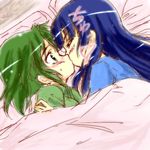  aoki_reika bed blue_hair blush green_eyes green_hair hair_down kiss long_hair midorikawa_nao multiple_girls pillow precure short_hair smile_precure! under_covers urutsu_sahari yuri 