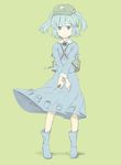  backpack bag blue_eyes blue_hair boots dress full_body green_background hair_bobbles hair_ornament hat holding kawashina_(momen_silicon) kawashiro_nitori key rubber_boots screwdriver simple_background smile solo standing touhou two_side_up 