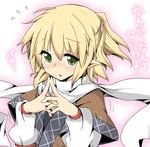  arm_warmers blonde_hair blush denial fidgeting green_hair half_updo hands_clasped mizuhashi_parsee open_mouth own_hands_together pointy_ears scarf shirt short_hair solo suna_(sunaipu) touhou translated tsundere upper_body white_scarf 