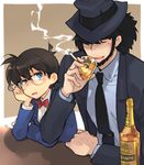  beard black_hair blue_eyes brown_hair cigarette crossover edogawa_conan facial_hair glasses hat jigen_daisuke lupin_iii lupin_sansei_vs_meitantei_conan male_focus meitantei_conan multiple_boys necktie toujou_sakana 