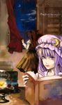  book bookshelf character_name crescent crescent_moon curtains dress hat head_wings highres holding holding_book indoors koakuma kodatino long_hair moon multiple_girls night night_sky open_book patchouli_knowledge purple_eyes purple_hair red_hair sky touhou window 