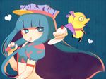  ayu_(mog) bad_id bad_pixiv_id blue_eyes blush cake chuck_(psg) food fork fruit hat heart mouth_hold multicolored_hair panty_&amp;_stocking_with_garterbelt stocking_(psg) strawberry two-tone_hair 