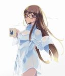  blush breasts brown_eyes brown_hair bunny cowboy_shot cup frown glasses highres kawaty long_hair long_sleeves medium_breasts naked_shirt original see-through shirt simple_background solo steam white_background 