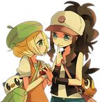  akebi_(kakororo) bad_id bad_pixiv_id bag baseball_cap bel_(pokemon) beret blonde_hair blue_eyes brown_hair eye_contact finger_to_mouth gen_5_pokemon green_eyes handbag hat holding holding_poke_ball looking_at_another lowres multiple_girls oshawott poke_ball pokemon pokemon_(creature) pokemon_(game) pokemon_bw shoulder_bag tepig touko_(pokemon) vest white_background wristband yuri 