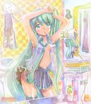  adjusting_hair armpits arms_up bathroom checkered checkered_background chibi clock clothesline cup detached_sleeves faucet green_eyes green_hair hachune_miku hair_dryer hatsune_miku highres long_hair mayo_riyo mouth_hold mug multiple_girls necktie open_clothes open_shirt rubber_duck shirt single_thighhigh sink skirt spring_onion thighhighs toothbrush towel traditional_media very_long_hair vocaloid 