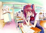  6+boys adjusting_eyewear akazawa_izumi another black_hair blue_hair blush book bottomless brown_hair censored classroom desk glasses hair_ribbon kazami_tomohiko legs long_hair mechanical_pencil multiple_boys multiple_girls parody pen pencil pink_eyes red_eyes ribbon sakakibara_kouichi school_desk school_uniform shirt sweatdrop translated twintails wavy_mouth yamashita_bungo 