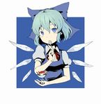 blue_eyes blue_hair bow cirno food hair_bow holding holding_spoon ice ice_cream ice_wings kawashina_(momen_silicon) solo spoon touhou wafer wafer_stick wings 