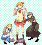  &gt;_&lt; :d alice_(wonderland) alice_(wonderland)_(cosplay) alice_in_wonderland bad_id bad_pixiv_id blonde_hair braid brown_eyes brown_hair closed_eyes cosplay grey_eyes grey_hair hanamura_yousuke ishiwari kuma_(persona_4) long_hair looking_at_viewer multiple_boys narukami_yuu open_mouth otoko_no_ko pants_down persona persona_4 school_uniform serafuku serious skirt skirt_lift smile spiked_hair twintails v wig xd 