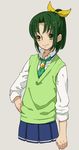  bad_id bad_pixiv_id eyelashes green_eyes green_hair green_neckwear grey_background hand_on_hip kurage midorikawa_nao nanairogaoka_middle_school_uniform necktie no_legs ponytail precure school_uniform short_hair skirt sleeves_rolled_up smile smile_precure! solo sweater_vest vest 