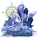  broken_glass cable character_name crown gen_1_pokemon glass hat highres king's_rock mewtwo no_humans oversized_object pokemon pokemon_(anime) pokemon_(creature) purple_eyes smoke solo spoon stasis_tank tail test_tube 