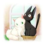  black_cat blush cat couple cuddling fur green_eyes hetero honey-cat jiji_(majo_no_takkyuubin) lily_(majo_no_takkyuubin) lowres majo_no_takkyuubin no_humans sitting surprised tail white_cat window 
