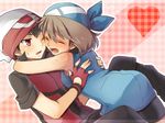  1girl bandana bare_shoulders black_hair blush brown_hair closed_eyes fangs fingerless_gloves glomp gloves hat heart hug mokorei odamaki_sapphire open_mouth pokemon pokemon_special red_eyes ruby_(pokemon) 