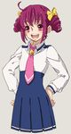  :d ahoge bad_id bad_pixiv_id bow eyelashes grey_background hair_bow hands_on_hips hoshizora_miyuki kurage nanairogaoka_middle_school_uniform necktie no_legs open_mouth pink_eyes pink_hair pink_neckwear precure school_uniform short_hair skirt smile smile_precure! solo twintails 