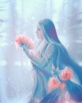  1girl armlet black_hair blurry blurry_background closed_mouth commentary dress english_commentary eyes_closed flower forest highres holding lips long_hair nature original profile solo standing tida_kietsungden very_long_hair 