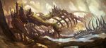  dragon fantasy no_humans original river18 ruins scenery skeleton 