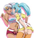  2girls ahoge ass bakugan bare_shoulders blue_eyes blue_hair blush bracelet breasts crop_top dark_skin dress earrings female fingernails green_eyes highres jewelry julie_hayward long_hair looking_at_viewer lowtech-city makino_tomoyasu midriff misaki_runo multiple_girls navel open_eyes open_mouth orange_legwear outline panties pantyshot pink_panties pose profile short_shorts shorts side_ponytail simple_background smile standing thighhighs twintails underwear v white_background white_hair wristband zettai_ryouiki 