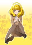  blonde_hair blush bow brown_eyes brown_legwear eyelashes formal full_body gradient gradient_background hairband high_heels highres kise_yayoi legs looking_at_viewer mahkn office_lady older pantyhose precure shoe_soles shoes sitting skirt skirt_suit smile_precure! solo suit white_hairband yellow_background 