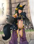  1girl animal_ears anubis_(monster_girl_encyclopedia) armlet between_breasts black_hair black_panties blush breasts butter-t covered_nipples egyptian egyptian_mythology gloves hand_on_hip jewelry large_breasts long_hair looking_at_viewer monster_girl monster_girl_encyclopedia navel necktie open_mouth panties paw_gloves paws red_eyes sidelocks signature solo sweatdrop tail translated underwear 