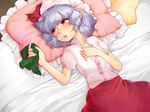  alternate_costume bad_id bad_pixiv_id bed blush casual frilled_pillow frills holding kakoumaru lying on_back on_bed open_clothes open_shirt orange_eyes pillow remilia_scarlet ribbon shirt short_hair short_sleeves skirt solo striped striped_shirt touhou unbuttoned 