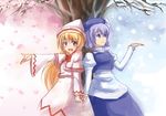  apron arm_up bad_id bad_pixiv_id blonde_hair blue_eyes capelet cherry_blossoms dress hat holding_hands leaning_back letty_whiterock lily_white long_hair multiple_girls open_mouth petals pink_dress purple_hair shirt short_hair skirt smile snow snowing spring_(season) touhou tree vest winter yuki_shizuku 