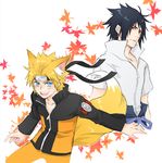  animal_ears black_hair blonde_hair blue_eyes facial_mark fox_ears fox_tail headband leaf male_focus multiple_boys naruto naruto_(series) naruto_shippuuden open_mouth red_eyes shinzui_(fantasysky7) smile tail uchiha_sasuke uzumaki_naruto whisker_markings 