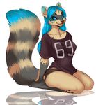  blue_eyes blue_hair clothed clothing female glowing_eyes hair jersey kneeling looking_at_viewer mammal meria panties raccoon skimpy solo underwear uni 