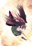  arm_cannon black_wings brown_eyes brown_hair cape concrete hair_ribbon highres long_hair open_mouth ponytail reiuji_utsuho ribbon shihou_(g-o-s) shirt skirt solo space touhou very_long_hair weapon wings 