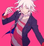  1boy aokiku arm_up black_jacket chain chained chains collar collarbone commentary_request danganronpa eyebrows_visible_through_hair hair_between_eyes highres jacket komaeda_nagito looking_to_the_side medium_hair multicolored_shirt open_clothes open_jacket open_mouth out_of_frame pink_background pink_eyes shirt simple_background solo striped striped_shirt super_danganronpa_2 upper_body white_hair 