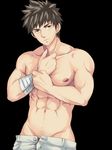  bandage bara black_background boy brown_hair looking_at_viewer male male_focus muscle nipples nude open_fly solo topless unzipped 