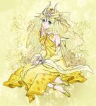  anklet bare_shoulders blonde_hair blue_eyes detached_sleeves dress final_fantasy final_fantasy_i horns jewelry looking_up open_mouth princess sarah_(ff1) shinzui_(fantasysky7) sitting smile solo theatrhythm_final_fantasy yellow yellow_background yellow_dress 
